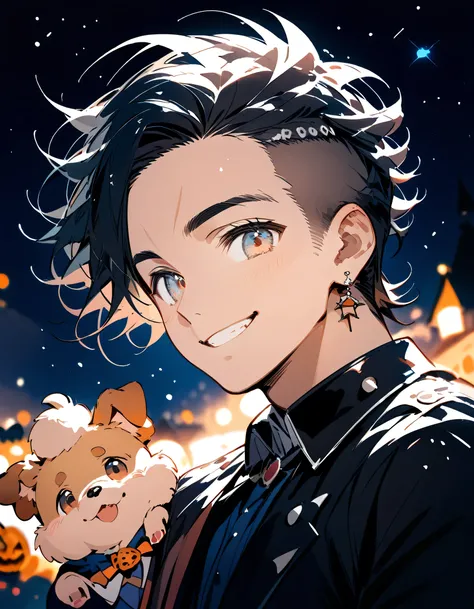 (sideview),looking at viewer:1.3,((((with small dog of Pomeranian)))),man,40years old,(The face of an old man with dignity),man's eyes,man's nose,man's mouth,smile,(short spiked hair),forehead,sidecut,undercut,beard,night starry sky, halloween costume,nigh...