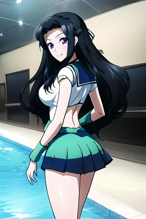 sailor moon costume，Thigh to Head，green miniskirt，green boots，big boobs，beautiful legs，Can you draw a long dark-haired woman walking around the city，Even if my breasts are big and my waist is thin，,Women with Lovely Smiles，，I'm at the pool facility，looking...
