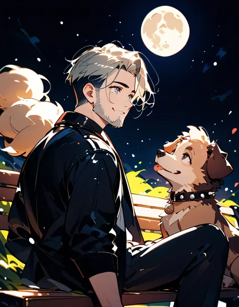 ((backview)),sitting bench,looking up moon:1.3,((((with small dog of Pomeranian)))),man,upperbody,40years old,(The face of an old man with dignity),man's eyes,man's nose,man's mouth,smile,(short spiked hair),forehead,sidecut,undercut,beard,night beautiful ...