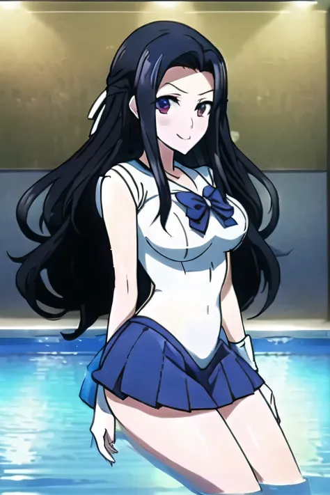 Sailor Moon Costume，Thigh to Head，green miniskirt，green boots，big breasts，beautiful legs， City Walks、Picture a long-haired dark-haired woman，even if she has big breasts and a slim waist，,Women with Adorable Smiles，，I'm at the pool facility，blackboard，，，des...