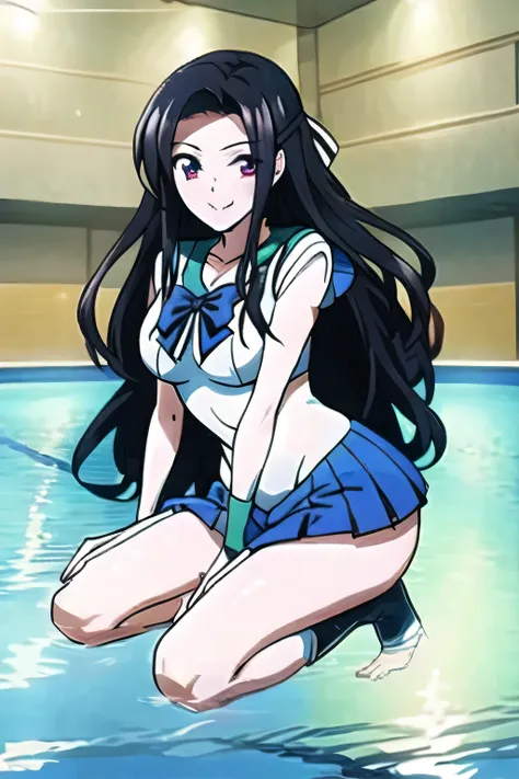 Sailor Moon Costume，Thigh to Head，green miniskirt，green boots，big breasts，beautiful legs， City Walks、Picture a long-haired dark-haired woman，even if she has big breasts and a slim waist，,Women with Adorable Smiles，，I'm at the pool facility，blackboard，，，des...
