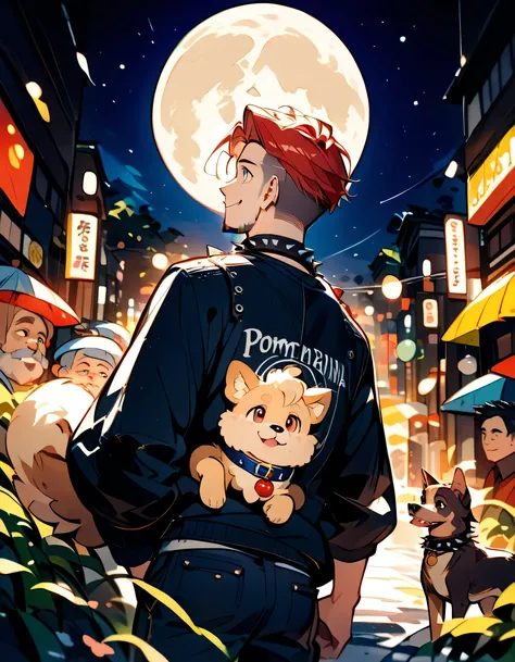((backview)),1man and 1dog,looking up moon:1.3,((((with small dog of Pomeranian(animal))))),man,upperbody,40years old,(The face of an old man with dignity),man's eyes,man's nose,man's mouth,smile,(short spiked hair),forehead,sidecut,undercut,beard,night be...