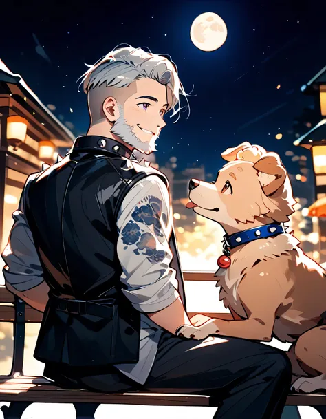 ((backview)),1man and 1dog,sitting bench,looking up moon:1.3,((((with small dog of Pomeranian(animal))))),man,upperbody,40years old,smile,detailed eyes,(The face of an old man with dignity),man's eyes,man's nose,man's mouth,smile,(short spiked hair),forehe...
