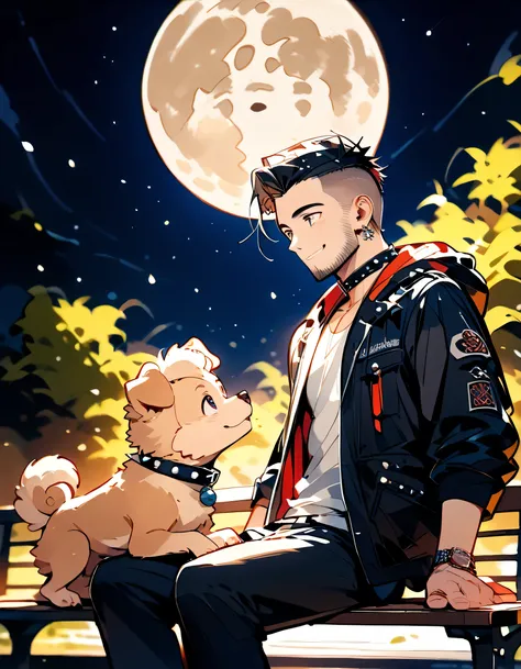 ((backview)),1man and 1dog,sitting bench,looking up moon:1.3,((((with small dog of Pomeranian(animal))))),man,upperbody,40years old,(The face of an old man with dignity),man's eyes,man's nose,man's mouth,smile,(short spiked hair),forehead,sidecut,undercut,...