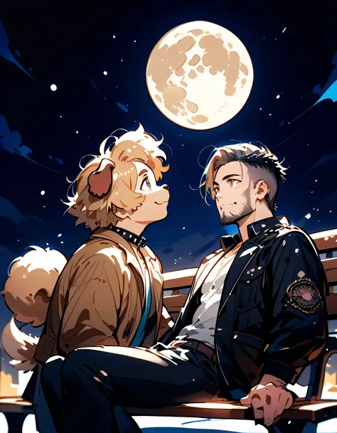 ((backview)),sitting bench,looking up moon:1.3,((((with small dog of Pomeranian)))),man,upperbody,40years old,(The face of an old man with dignity),man's eyes,man's nose,man's mouth,smile,(short spiked hair),forehead,sidecut,undercut,beard,night beautiful ...