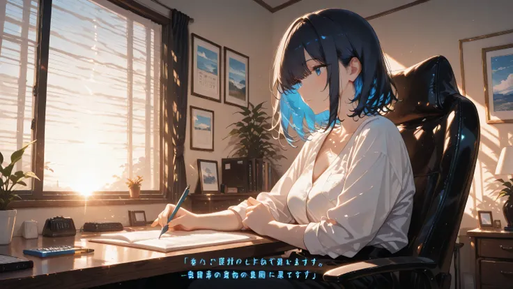 masterpiece, one girl, black medium hair, short cut, blue inner hair, asian, blue eyes, in her room, sunshine, sitting on the chair, writing song lyrics, pencil on nose, not coming with a good idea,