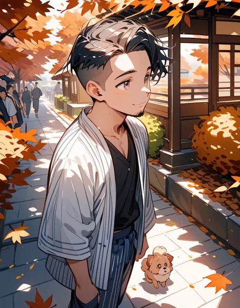 from above,looking away:1.3,((((with small dog of Pomeranian)))),man,upperbody,40years old,(The face of an old man with dignity),man's eyes,man's nose,man's mouth,smile,(short spiked hair),forehead,sidecut,undercut,beard,japanese man's yukata(samue), autum...