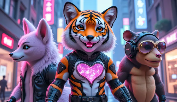 (wide angle:1.5),photorealistic portrait of Dressed animals - a ((fat)) (chibi) (baby tiger)cyber agent, a ((fit)) (muscular) (teen monkey)cyber agent,, a ((sleek)) (wild west) (adult horse)cyber agent,, a ((fat)) (chibi) (teen fox)cyber agent,, a ((fit)) ...