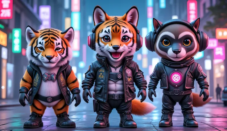 (wide angle:1.5),photorealistic portrait of Dressed animals - a ((fat)) (chibi) (baby tiger)cyber agent, a ((fit)) (muscular) (teen monkey)cyber agent,, a ((sleek)) (wild west) (adult horse)cyber agent,, a ((fat)) (chibi) (teen fox)cyber agent,, a ((fit)) ...