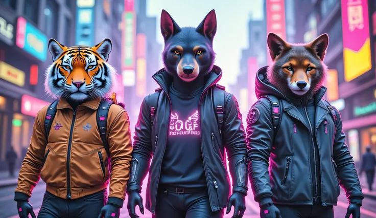 (wide angle:1.5),photorealistic portrait of Dressed animals - a ((fat)) (chibi) (baby tiger)cyber agent, a ((fit)) (muscular) (teen monkey)cyber agent,, a ((sleek)) (wild west) (adult horse)cyber agent,, a ((fat)) (chibi) (teen fox)cyber agent,, a ((fit)) ...