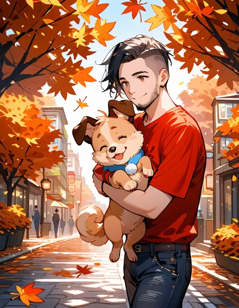 frontview,looking away:1.3,((hug very small dog of Pomeranian)),man,(close up face),upperbody,40years old,(The face of an old man with dignity),man's detailed eyes,man's nose,man's mouth,smile,(short spiked hair),forehead,sidecut,undercut,beard,red t-shirt...