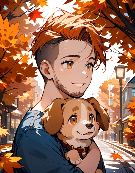 frontview,looking away:1.3,((hug very small dog of Pomeranian)),man,(close up face),upperbody,40years old,(The face of an old man with dignity),man's detailed eyes,man's nose,man's mouth,smile,(short spiked hair),forehead,sidecut,undercut,beard,red t-shirt...