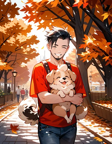 frontview,looking up tree:1.3,((hug very small dog of Pomeranian)),man,(close up face),upperbody,40years old,(The face of an old man with dignity),man's detailed eyes,man's nose,man's mouth,smile,(short spiked hair),forehead,sidecut,undercut,beard,red t-sh...