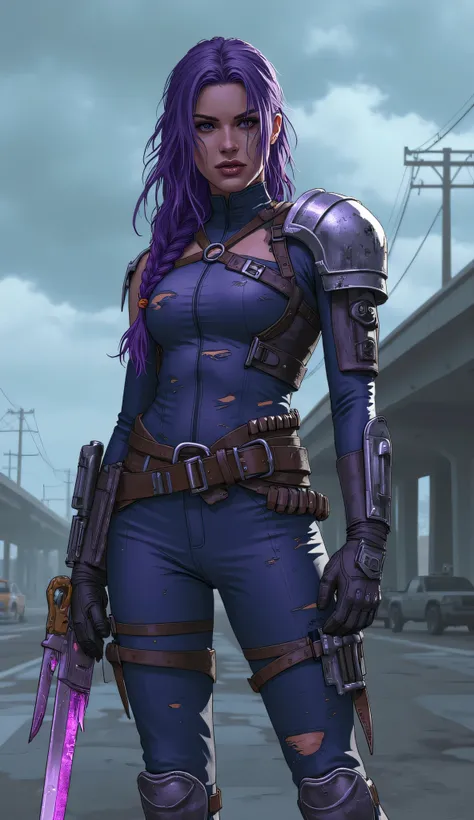 Psylocke, X-Men, post-apocalyptic reimagining, gritty Wastelanders style, rugged torn bodysuit, faded indigo and violet tones, reinforced with scavenged armor pieces made from metal and leather, long dusty violet hair is partially braided, psychic blade ap...