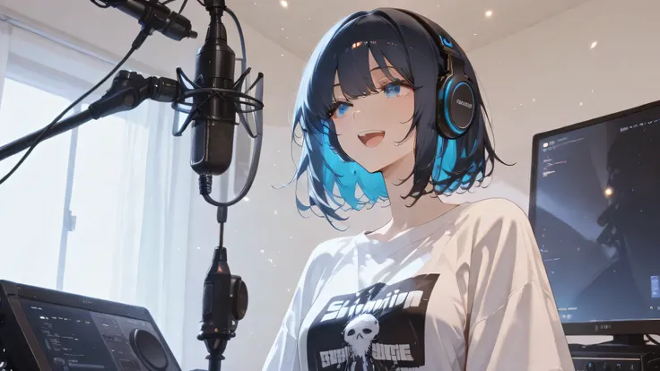 masterpiece, one girl, black medium hair, short cut, blue inner hair, asian, blue eyes, standing, in music studio, white wall, wearing wired closed-back headphones, microphone stand, condenser microphone, pop filter, singing passionately, shining eyes wit...