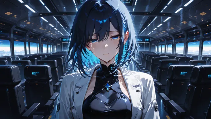 masterpiece, one girl, black medium hair, short cut, blue inner hair, asian, blue eyes, wearing black halterneck dress, white jacket, sad face, tears, in the airport, leaving