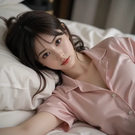 Super realistic photo, in pink satin pajamas with pajamas lifted up exposing her breasts.Breasts about Ⅾ cup, top half hidden, Short-sleeved pajamas,Super realistic skin feel, lying on bed