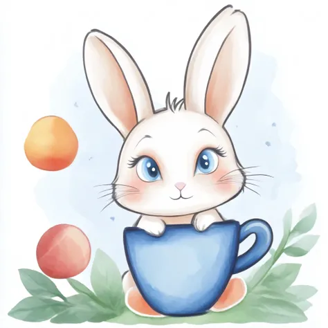 Kawaii-style bunny holding a peach, centered on white background, vibrant color, clean lines, suitable for children's book or mug print, square format, high resolution