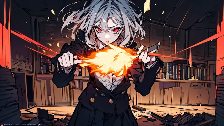 a slightly pulled-back cinematic image of a rebellious young woman in a dynamic, mid-action pose, standing in a smoking classroom with cracked walls, glowing defiant eyes, wearing a torn school uniform and holding a detonator, surrounded by fragments of fl...