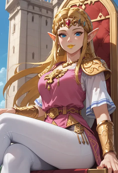 woman, big breasts, anime style, yellow lipstick, white skin, blonde hair, blue eyes, looking at the viewer, focus on the character, side view, sensual smile, bottom view, amazing lighting, elf ears, palace, sitting on the throne, long hair, Princess Zelda...
