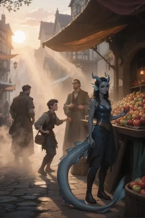 In the foreground, in front of the counter, Kedra,  dark blue-gray skin ,  fins on the head один чёрный глаз, horns on head,  fins on the head, stands in front of a fruit counter and holds an apple in his hand. In the background, an unsuspecting rich citiz...
