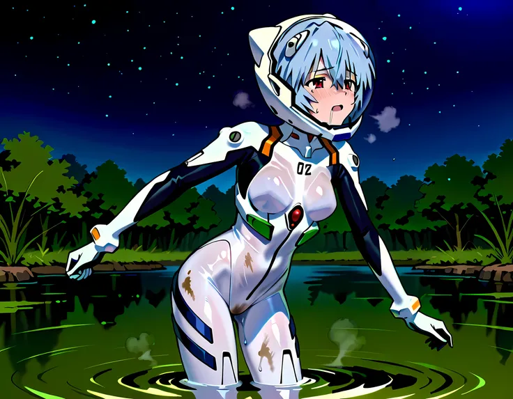 solo, evangelion art style, evangelion anime style, White plugsuit, skintight, tight fit, small breast, Rei Ayanami, red eyes, blue hair, Short hair, cute face, lovely face, white-skinned pretty girl, Short stature,Mass sweat,covered in sweat,steam, wet_sk...