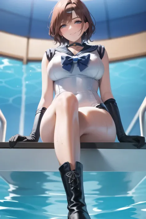 sailor moon costume，big breasts，beautiful legs，boots，the hands and feet are accurately depicted，Smile Yan，I'm at the pool facility in fine weather，from below、Beautiful legs，The costume can be seen through when wet， light clothing，