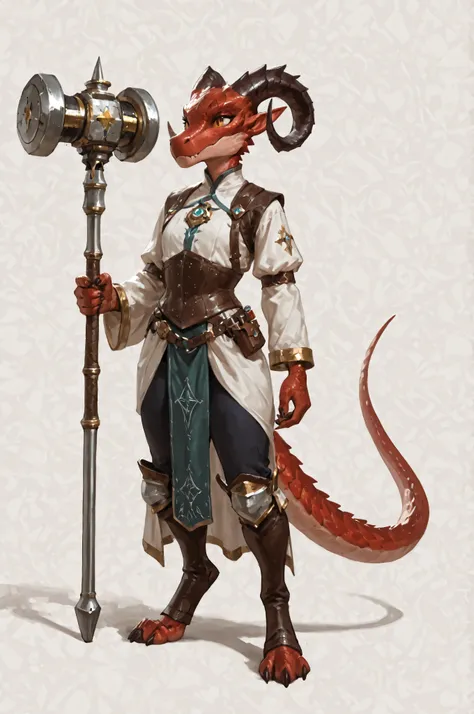 pointed ears, long draconic snout, lean physique, kobold, red scales, great horns, artificer class, artificer's clothes highly detailed, best quality, holding great iron hammer