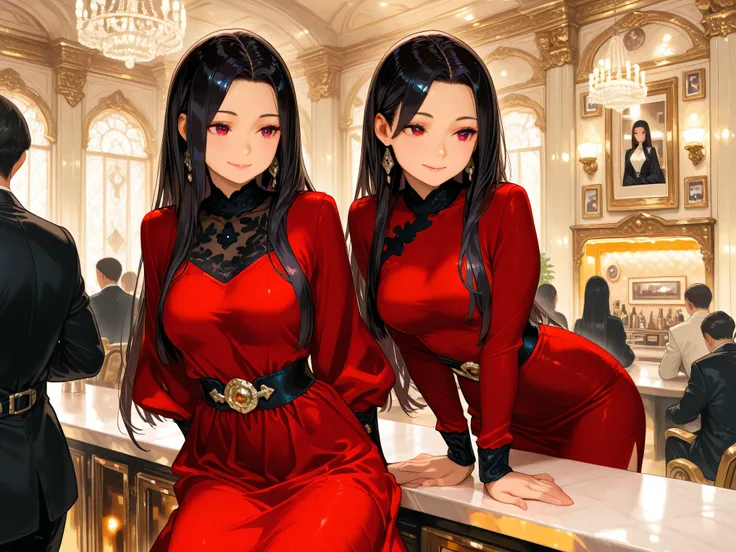 High Quality, 4K, Three-dimensional, Elegant woman, dark-haired beauty, red dress, Smile, graceful behavior, Studio in the castle, bright lights lined up at the bar, luxury interior, Beautiful Textiles, Realistic