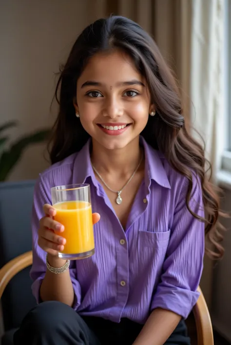 anaswarasdxl, cuteloli, Full image of a young girl sitting on chair in a room holding a glass of orange juice. She has smiling look, makeup, Indian skin tone, hazel eyes, fox-eyelashes, silver color eyeshadow, matte red lips. Her hairs are long, brown, wav...