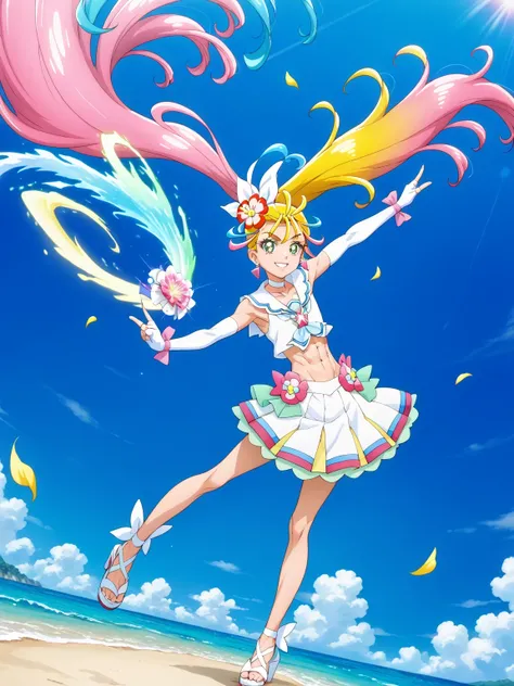 score 9 , score 8 up, score 7 up, source anime, masterpiece, Best quality, Best resolution, anime coloring, anime screenshot, anime screencap, 1boy, cure summer is a boy, long haired anime boy, 美しい天の魔道士, flower, jewelry, hair ornament, sea warrior, sunshin...