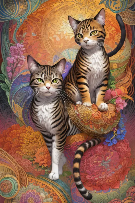 Hunting cat、(masterpiece, top quality next to viewers, top quality, official art, beautiful and aesthetic:1.2), (1 Cat:1.3), , Very Detailed,(fractal art:1.1),(colorful:1.1)(flower:1.3),Very Detailedな,(zentangle:1.2), (Dynamic Poses), (abstract background...