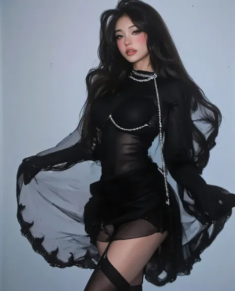 A beautiful woman gracefully leaves the gorgeously decorated hallway。She is wearing an elegant black kimono、Her long hair is snoring back to increase her sense of movement。There is a large round window at the end of the hallway、Soft blue light shines in, s...