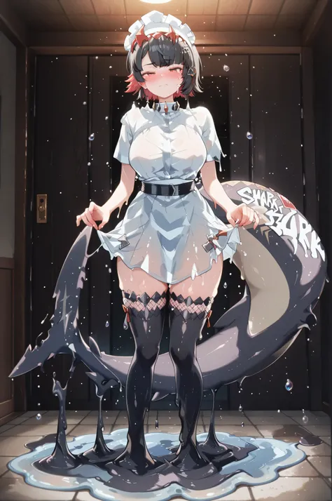 3DMM,adult Ellen Joe intense melting transformation sequence:1.0, Melting intensely:1.0, slimification, puddle, dripping:1.0, sexy exaggerated pose:1.0, transparent slime body, clothes melting intensely:1.0, shark tail, soaked see-through clothes, black ha...