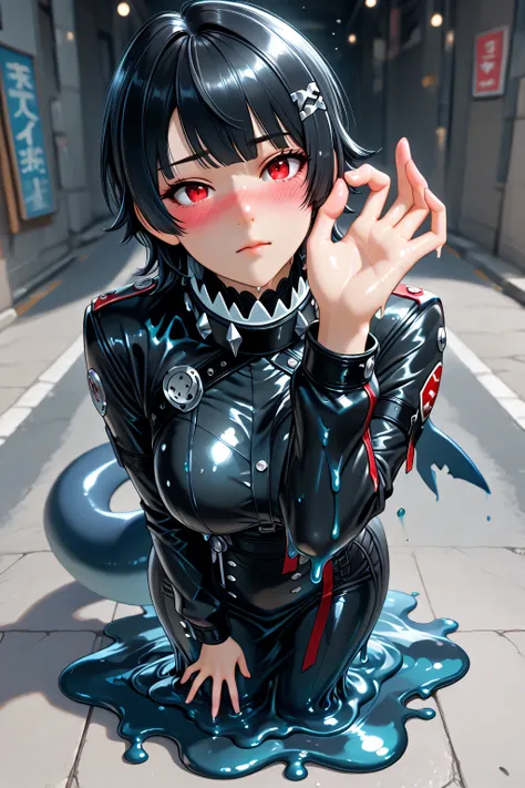 3DMM,adult Ellen Joe intense melting transformation sequence:1.0, Melting intensely:1.0, slimification, puddle, dripping:1.0, sexy exaggerated pose:1.0, transparent slime body, clothes melting intensely:1.0, shark tail, soaked see-through clothes, black ha...