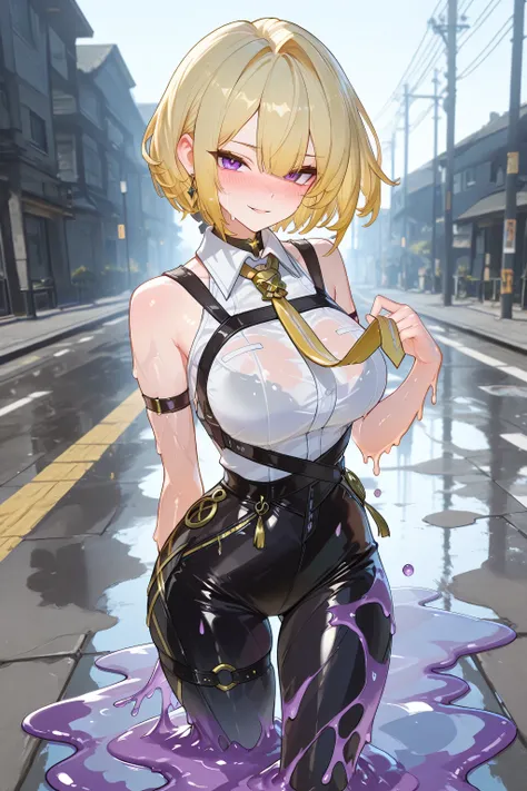 adult Evelyn Chevalier intense melting transformation sequence:1.0, Melting intensely:1.0, puddle, dripping:1.0, exaggerated dynamic seductive pose:1.0, transparent slime body, clothes melting intensely:1.0, soaked clothes, blushing intensely, detailed fac...