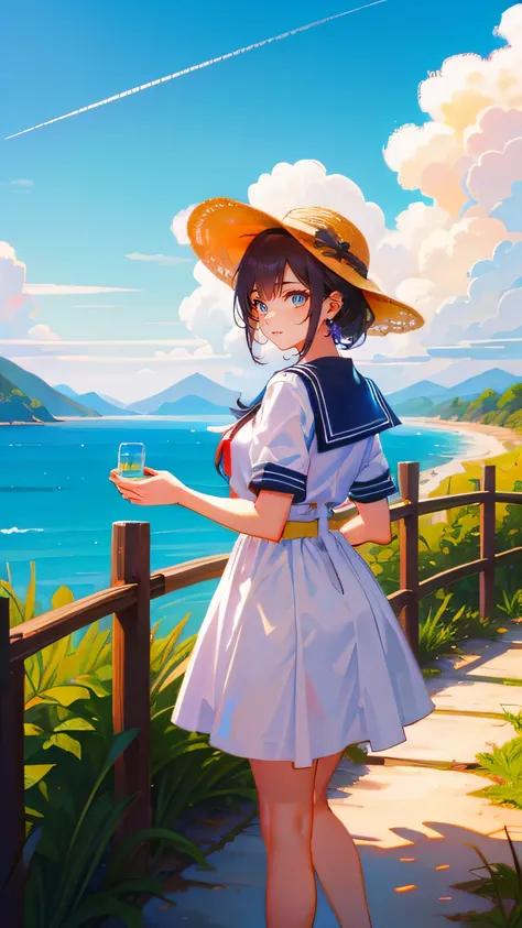 masterpiece, top quality, super detailed, sparkling eyes , 。 The blue sky dominates the scene and 、 enhances the color of the ocean 。. the waist of the dress is tightened with a belt , skirt spreading out , A gorgeous, flowing exterior . dr...