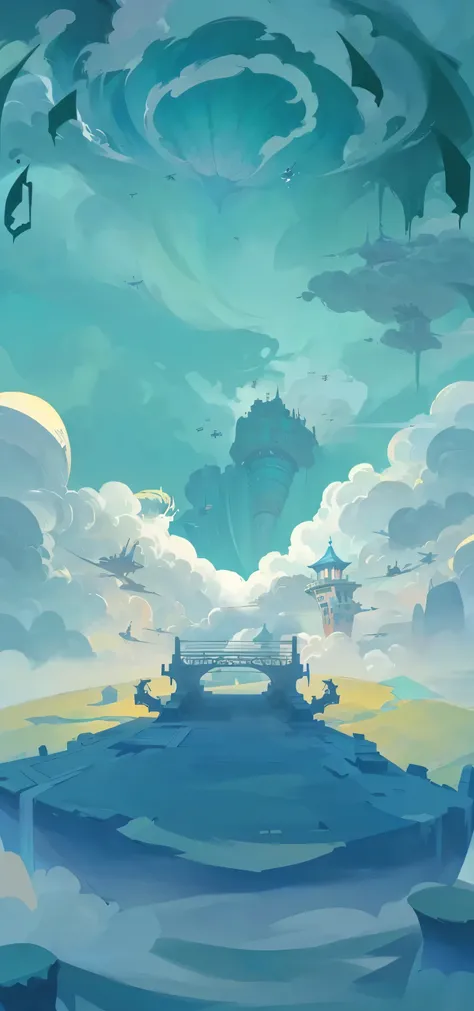 there is a painting of a sky with clouds and a bridge, indie game concept art, game concept art, stylized concept art, background art, painted as a game concept art, very coherent stylized artwork, 2d concept art, floating lands in-clouds, concept art for ...