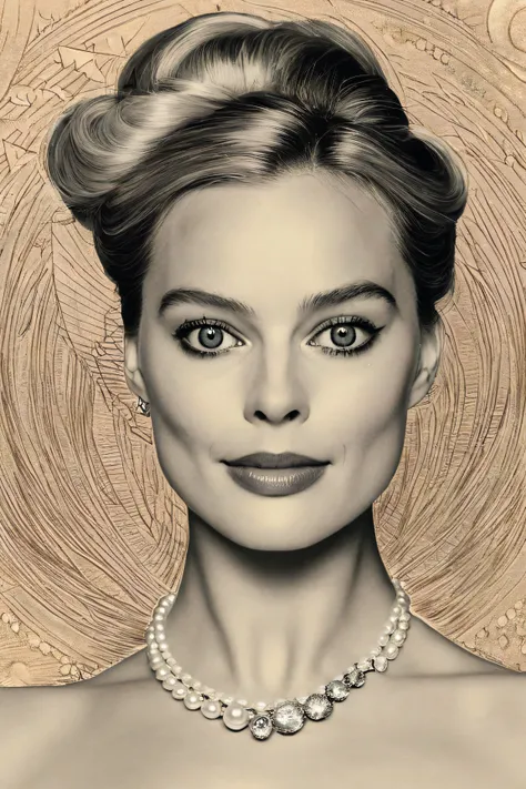 A refined portrait of Margot Robbie reimagined as a modern pop culture icon, illustrated in silverpoint style. Her elegant features are drawn with soft, metallic silver lines on a textured parchment-like background, evoking Renaissance portraiture with a c...