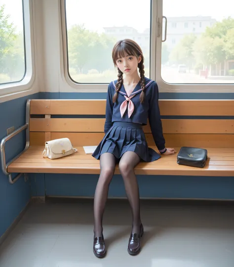 8k,legs up,可愛いyounger女の子,slender,Rating_blatant,short,(skinny:1.3),slender body,(younger),( Inner buttocks size 140cm ),skinny girl,top quality next to viewers,realistic,loafers,braids,(masterpiece),small breasts,she wears a long dark blue skirt,Japanese,s...