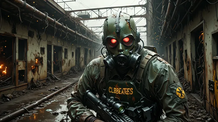 muses_in_dark, inconsistent lighting,low light,realistic,assassinkahb style,sin city style,masterpiece, radioactive horror,CHERNOBYL-STALKER-PRIME, elite sniper facing horde of red-eyed zombies in corroded Soviet gas masks, perfect horror atmosphere, aband...
