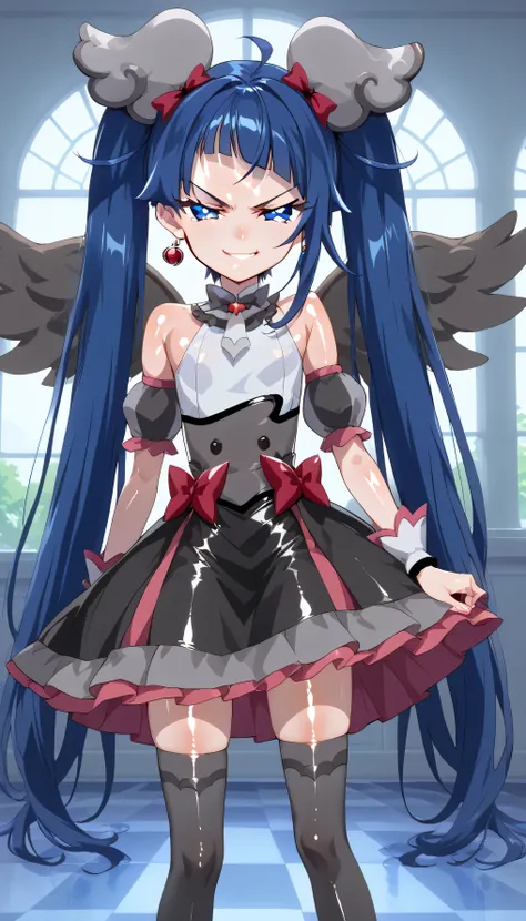    score_9,    score_8_up,    score_7_up,   Source_Anime,   official art , Anime screencap,   Goddess Magazine ,  reflective white knee-high stockings on the glass floor  ,   dark cure sky、(  Flat-breasted:1.2),  ,  dark blue hair、 twin tails、   ,     ,   ...