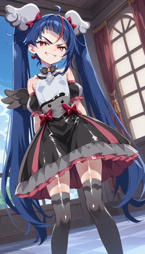    score_9,    score_8_up,    score_7_up,   Source_Anime,   official art , Anime screencap,   Goddess Magazine ,  reflective white knee-high stockings on the glass floor  ,   dark cure sky、(  Flat-breasted:1.2),  ,  dark blue hair、 twin tails、   ,     ,   ...