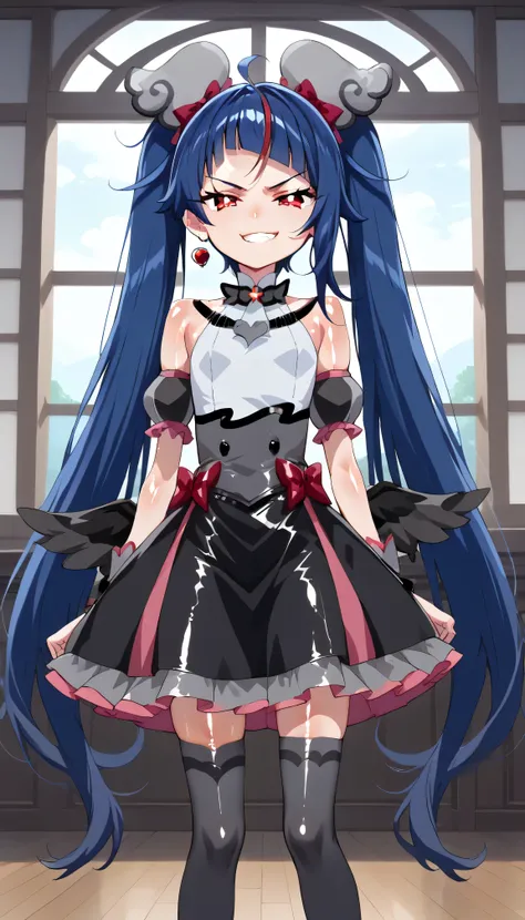    score_9,    score_8_up,    score_7_up,   Source_Anime,   official art , Anime screencap,   Goddess Magazine ,  reflective white knee-high stockings on the glass floor  ,   dark cure sky、(  Flat-breasted:1.2),  ,  dark blue hair、 twin tails、   ,     ,   ...