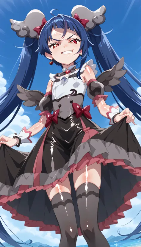    score_9,    score_8_up,    score_7_up,   Source_Anime,   official art , Anime screencap,   Goddess Magazine ,  reflective white knee-high stockings on the glass floor  ,   dark cure sky、(  Flat-breasted:1.2),  ,  dark blue hair、 twin tails、   ,     ,   ...