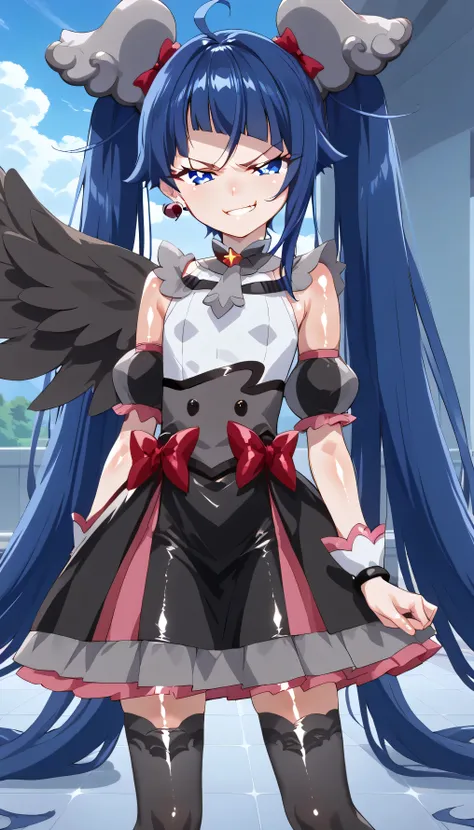    score_9,    score_8_up,    score_7_up,   Source_Anime,   official art , Anime screencap,   Goddess Magazine ,  reflective white knee-high stockings on the glass floor  ,   dark cure sky、(  Flat-breasted:1.2),  ,  dark blue hair、 twin tails、   ,     ,   ...