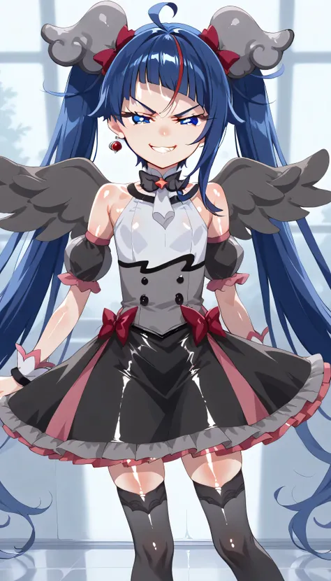    score_9,    score_8_up,    score_7_up,   Source_Anime,   official art , Anime screencap,   Goddess Magazine ,  reflective white knee-high stockings on the glass floor  ,   dark cure sky、(  Flat-breasted:1.2),  ,  dark blue hair、 twin tails、   ,     ,   ...