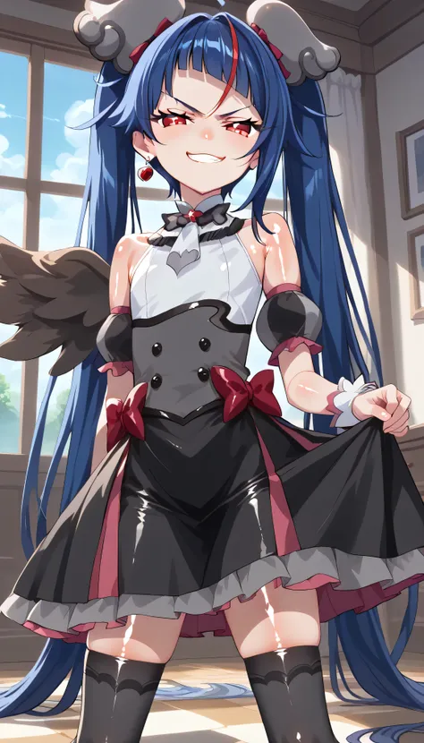    score_9,    score_8_up,    score_7_up,   Source_Anime,   official art , Anime screencap,   Goddess Magazine ,  reflective white knee-high stockings on the glass floor  ,   dark cure sky、(  Flat-breasted:1.2),  ,  dark blue hair、 twin tails、   ,     ,   ...