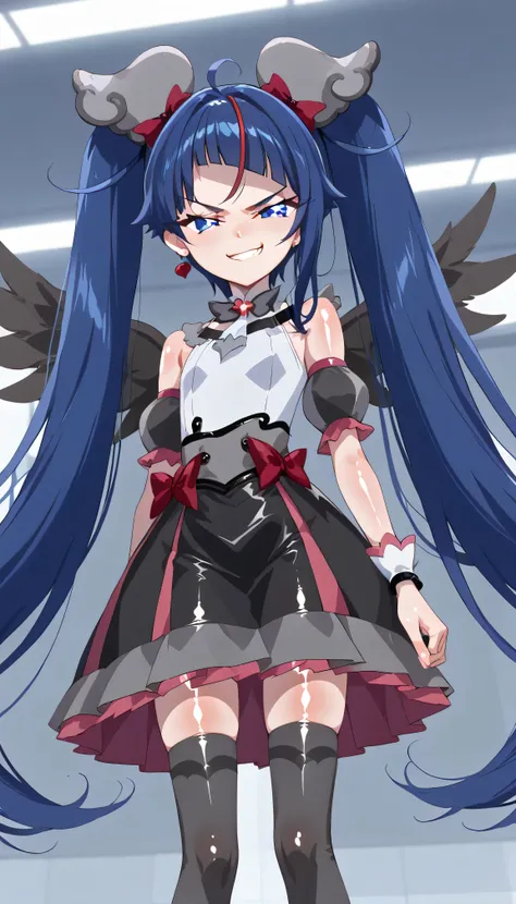   score_9,    score_8_up,    score_7_up,   Source_Anime,   official art , Anime screencap,   Goddess Magazine ,  reflective white knee-high stockings on the glass floor  ,   dark cure sky、(  Flat-breasted:1.2),  ,  dark blue hair、 twin tails、   ,     ,   ...