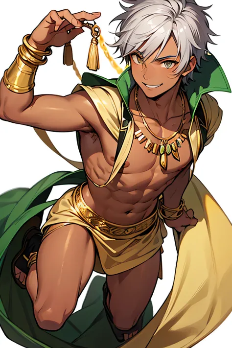 Young boy, cool eyes, smiling, male, silver hair, golden eyes, fantasy world, Egyptian-style clothing, thief, golden necklace, gold bracelet, tanned brown skin, full body, white background, teenager, spiky hair